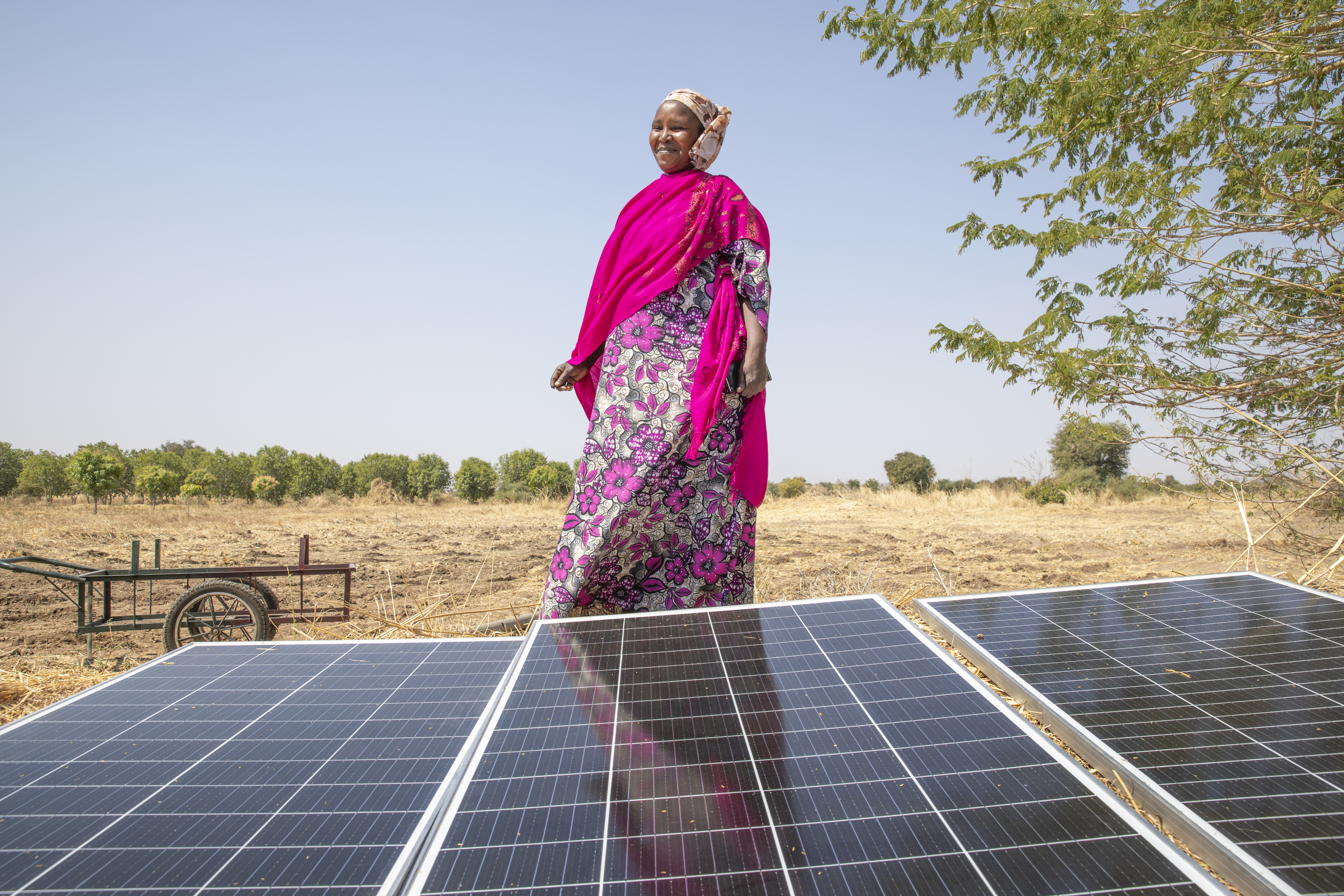 Nigerian woman standing behind a solar panel.