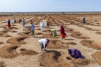 Kenyan community members work to restore an area of rangeland.