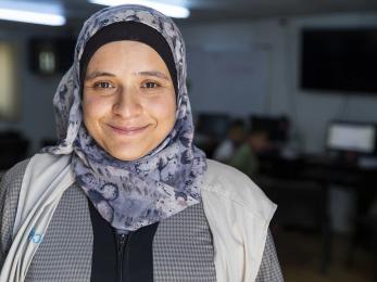 Woman with purple scarf
