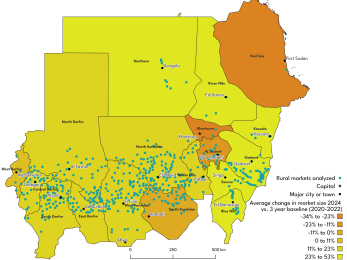 A map of sudan showing rural markets detected by satellite, and the changes in rural market size pre- to post-conflict.